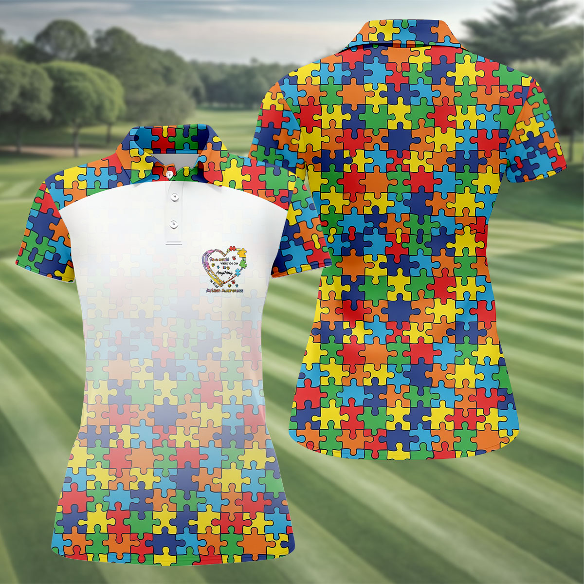 In A World Where You Can Be Anything Be Kind Autism Awareness Puzzle Pattern White Fade Women's Golf Tops