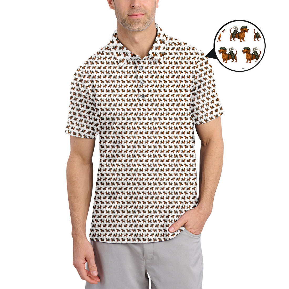 Dachshund Pattern Golf Polos, Crazy Dachshund Golf Shirt For Men, Funny Golf Shirt For Golfer