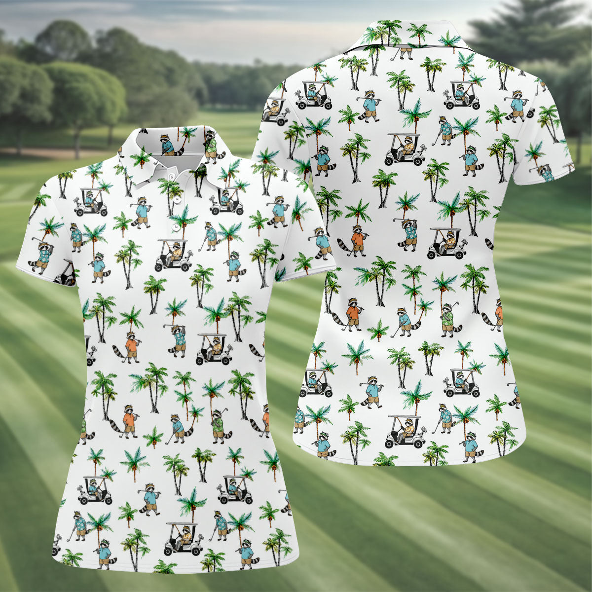 Funny Raccoon Tropical Golf Pattern Polo Shirt, Womens Golf Tops, Printed Golf Shirt