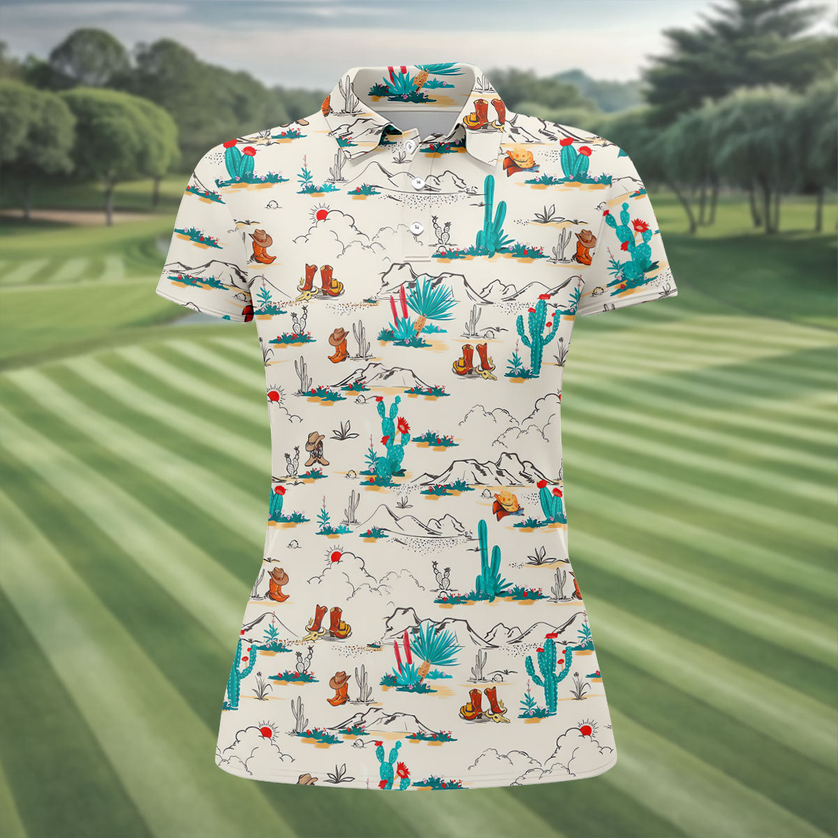 Western Desert Cowboy Boots Pattern Golf Shirt, Women’s Golf Polo, Ladies Golf Tops