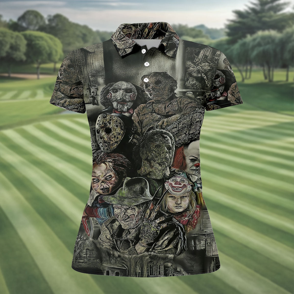 Horror Character Collage Golf Polo Shirt, Women's Golf Polo, Ladies Golf Shirts