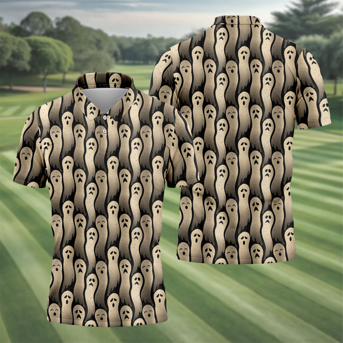 Halloween Ghost Pattern Golf Polo Shirt, Men's Golf Shirts, Hawaiian Golf Shirt
