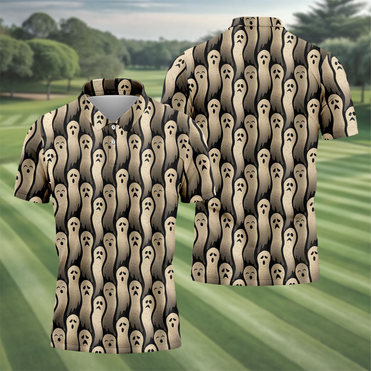 Halloween Ghost Pattern Golf Polo Shirt, Men's Golf Shirts, Hawaiian Golf Shirt