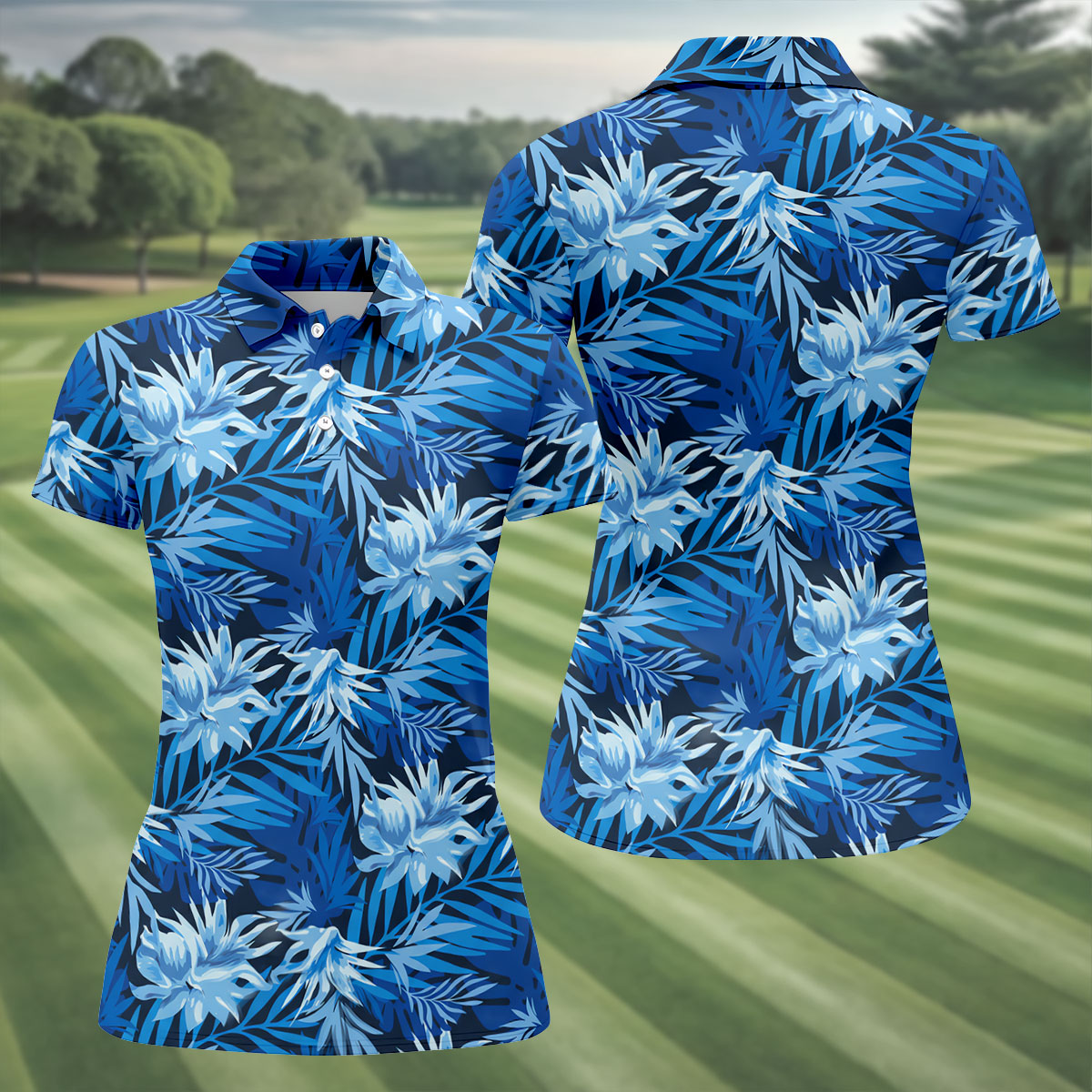 Blue Tropical Hibiscus Floral Golf Shirt, Womens Golf Tops, Women’s Golf Apparel
