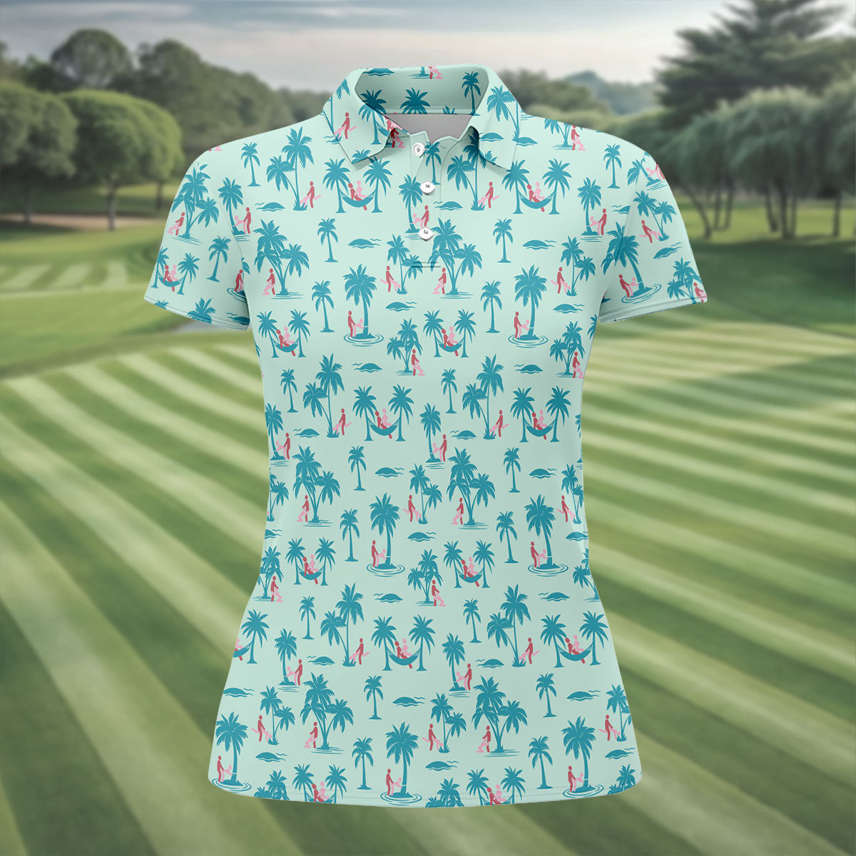 Funny Tropical Couple Beach Pattern Women's Golf Tops, Golf Tops For Women, Women’s Golf Apparel