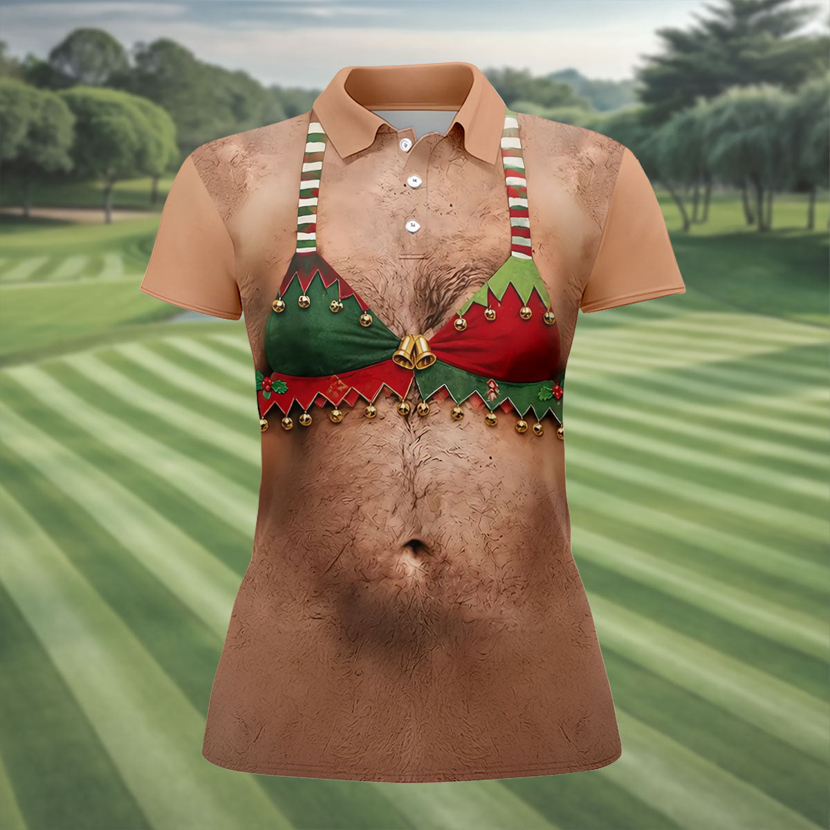 Funny Elf Bra Bells Christmas Golf Shirt, Women’s Golf Polo, Golf Tops For Women