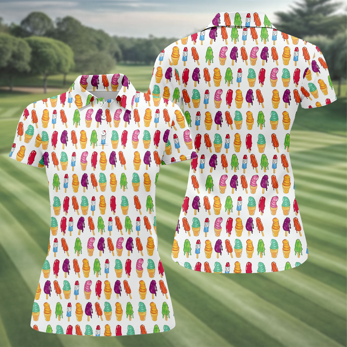 Colorful Ice Cream Pattern Golf Polo Shirt, Golf Tops For Women, Ladies Golf Top