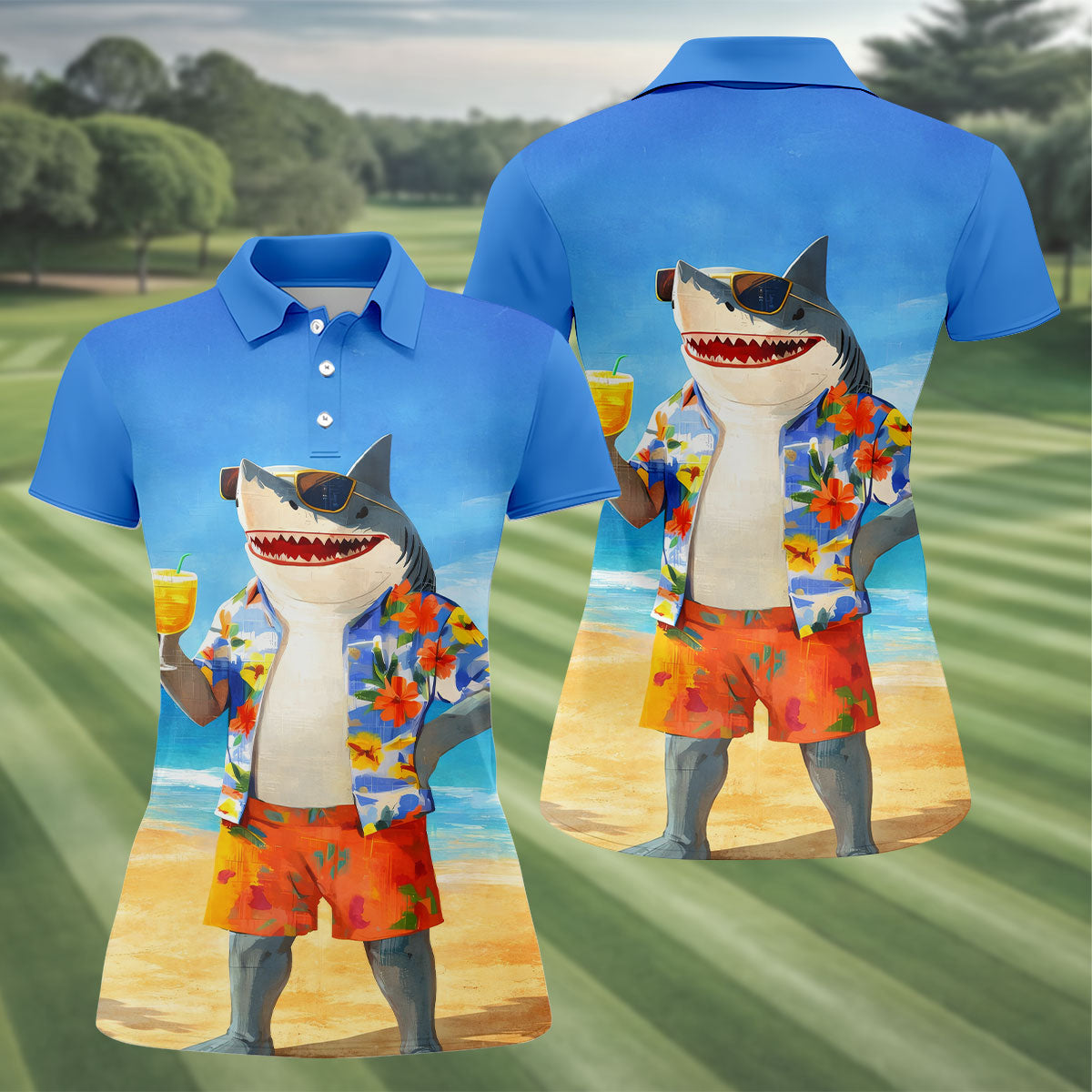 Funny Shark On Tropical Beach Vacation Golf Polo Shirt, Golf Shirts For Women, Women's Golf Apparel