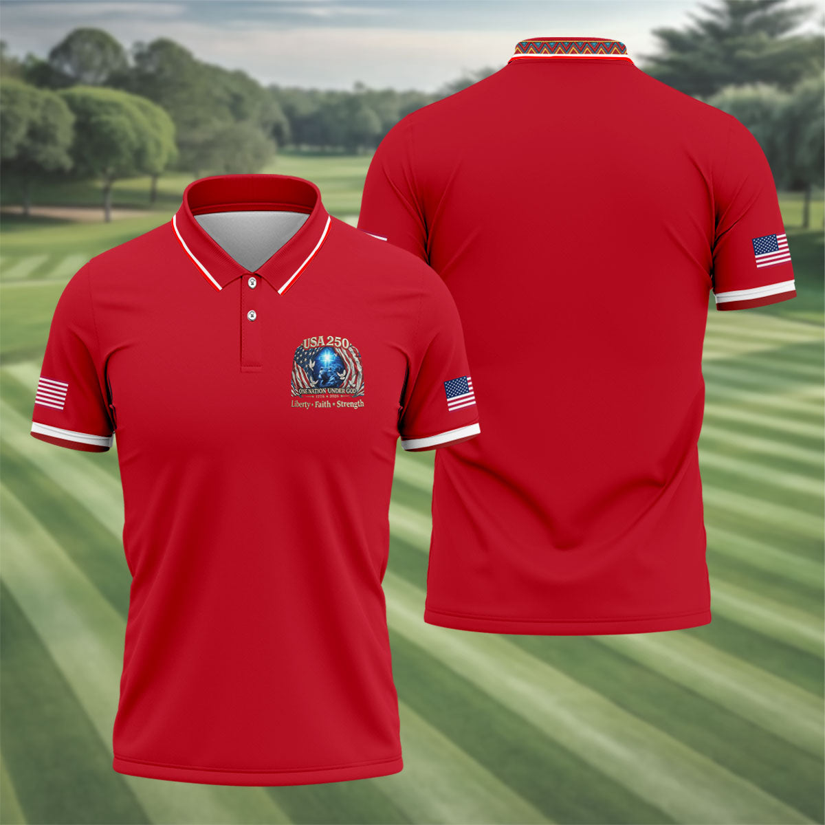 One Nation Under God Faith Cross USA 250 Logo Red Golf Shirt, 4th Of July Golf Shirts For Men