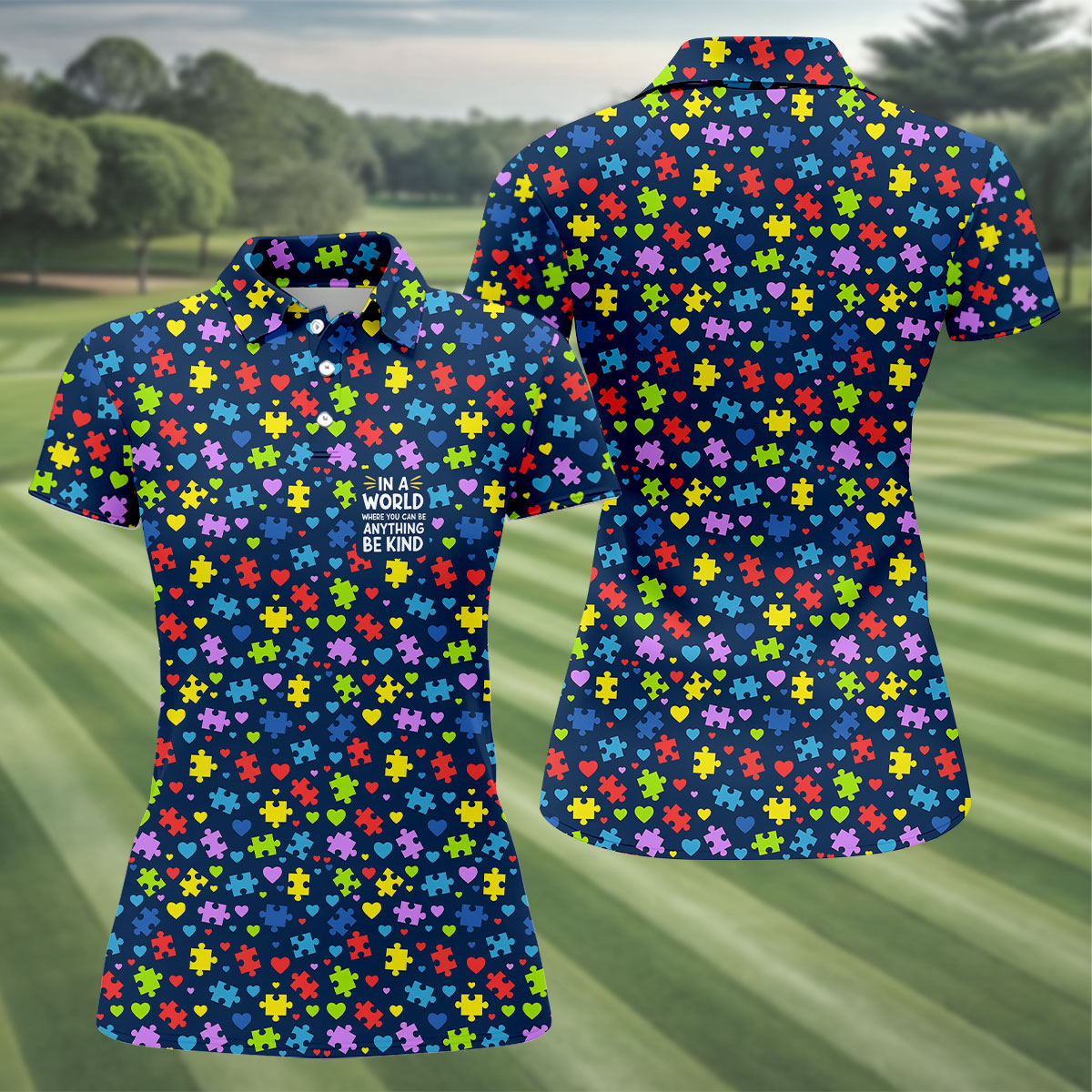 In A World Where You Can Be Anything Be Kind Autism Awareness Puzzle Pattern Navy Golf Shirt, Golf Shirt For Women