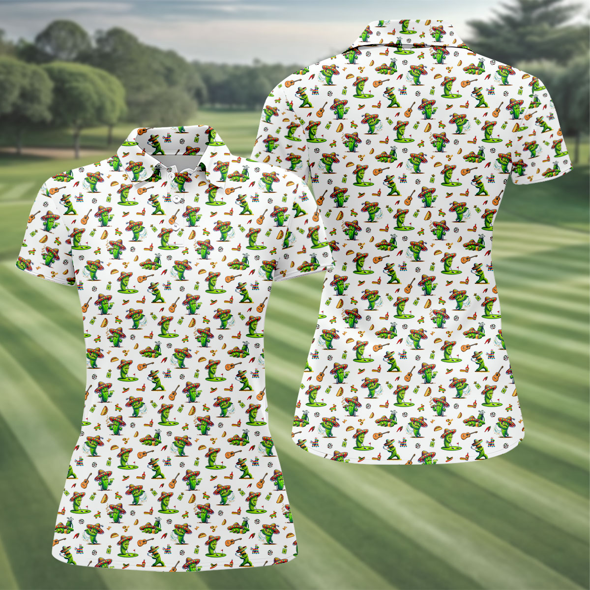 Cartoon Mustach Funny Cactus Cinco De Mayo Celebration Fiesta Themed White Golf Shirt For Women