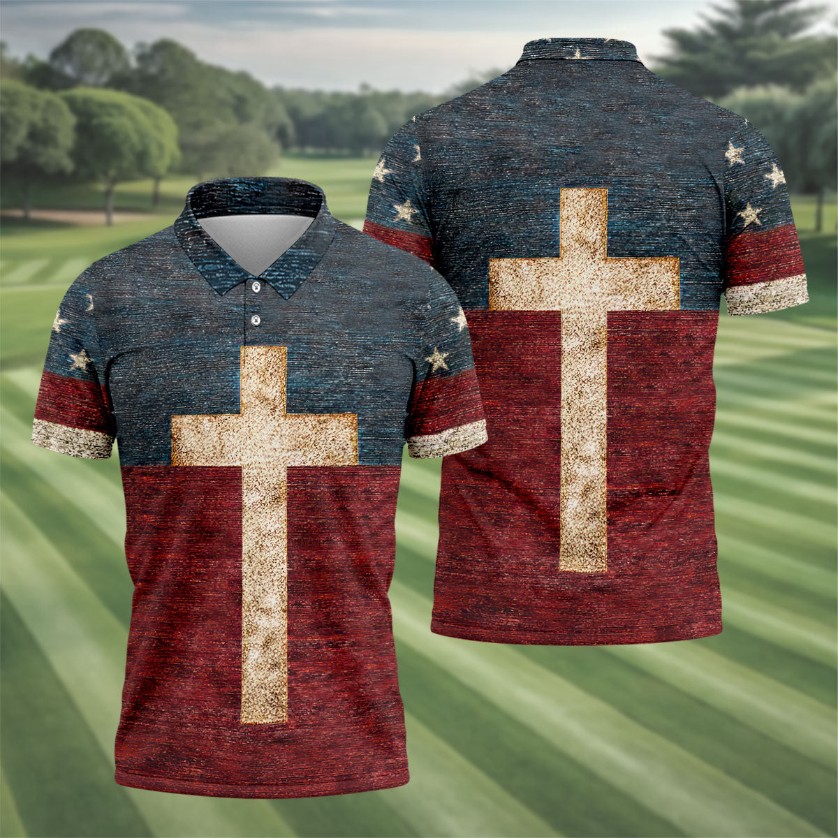 American Flag USA Faith Christian Cross Golf Shirt, Patriotic 4th Of July Golf Shirts For Men