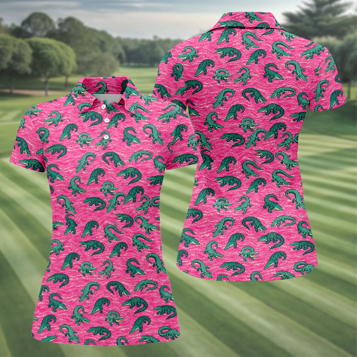 Alligator Pattern Golf Shirt, Pink Gator Print Men's Golf Polo, Polo Shirts For Women