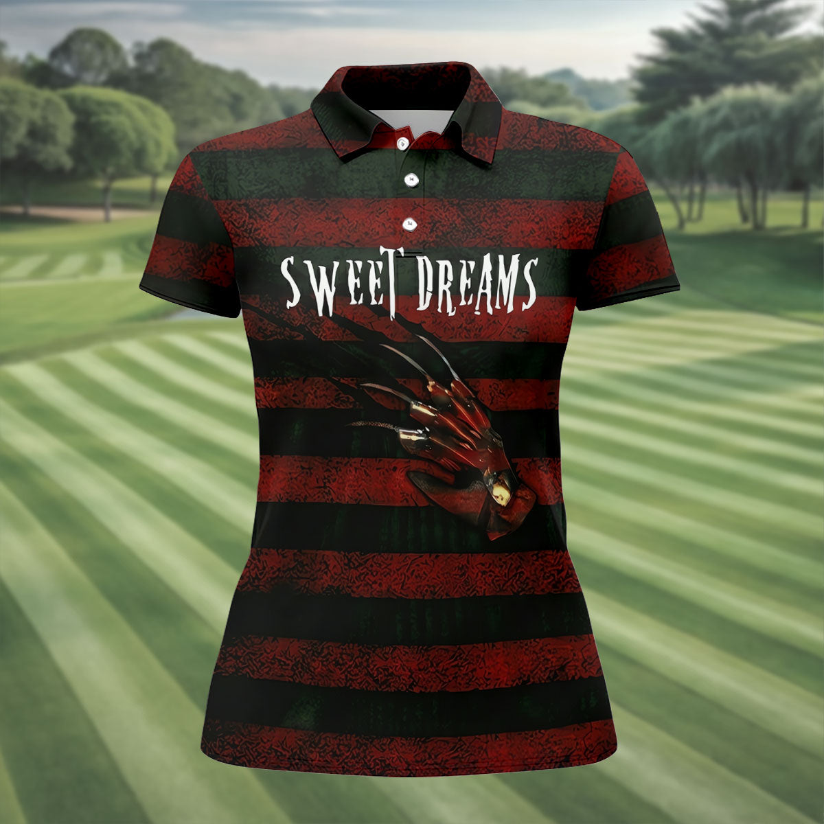 Sweet Dreams Freddy Horror Character Golf Polo Shirt, Ladies Golf Shirts, Women's Golf Polo