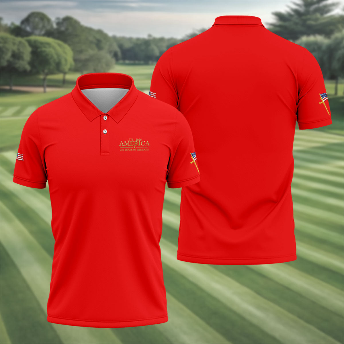 America 250 Years Of Freedom Faith Cross Red Golf Shirt, Patriotic 4th Of July Golf Shirts For Men