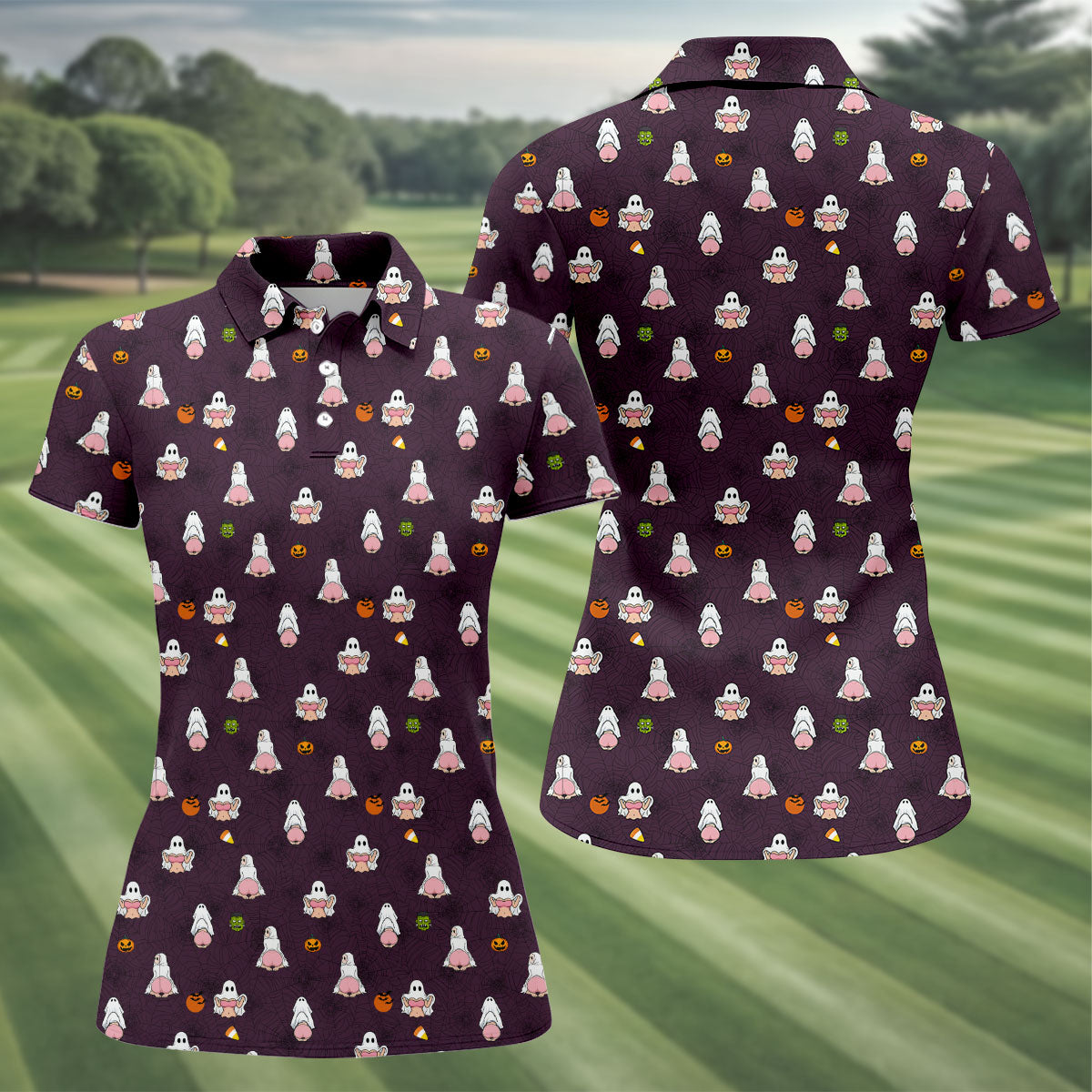 Cute Ghost Butt Halloween Pattern Golf Polo Shirt, Womens Golf Tops, Ladies Golf Shirts