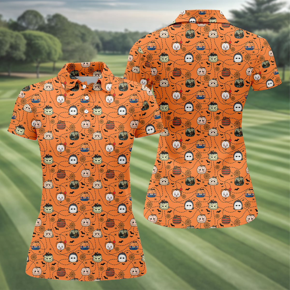 Orange Horror Character Pumpkin Pattern Golf Polo Shirt, Ladies Golf Shirts, Womens Golf Tops