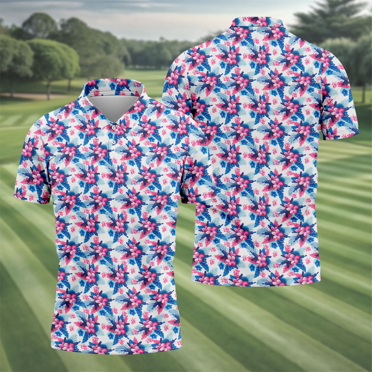 Pink Blue Tropical Floral Hawaiian Golf Shirt, Vibrant Color Golf Shirts For Men