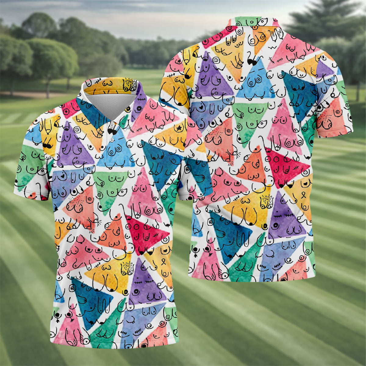 Multicolor Abstract Boob Pattern Golf Polo Shirt, Mens Golf Polo, Golf Apparel For Men
