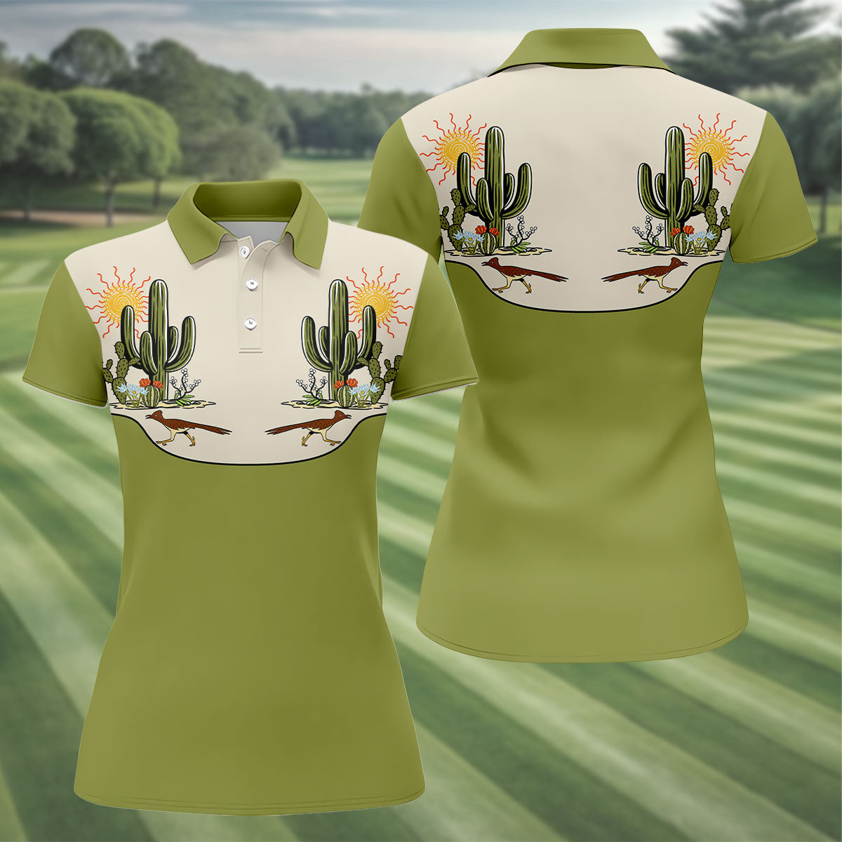 Desert Cactus Roadrunner Golf Polo Shirt, Ladies Golf Tops, Women's Golf Apparel