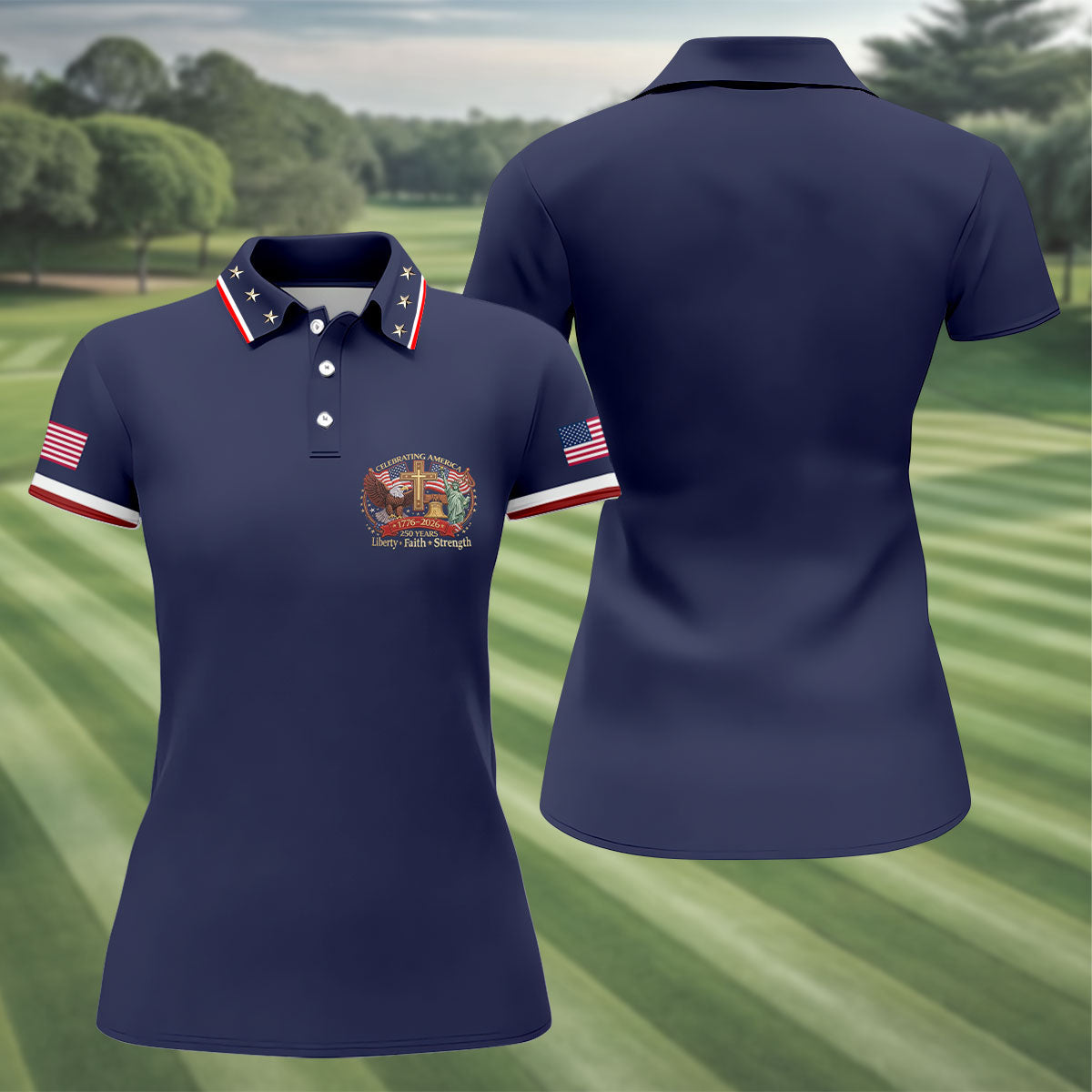 Liberty Faith Strength Faith Cross USA 250 Navy Golf Shirt, 4th Of July Golf Shirt For Women