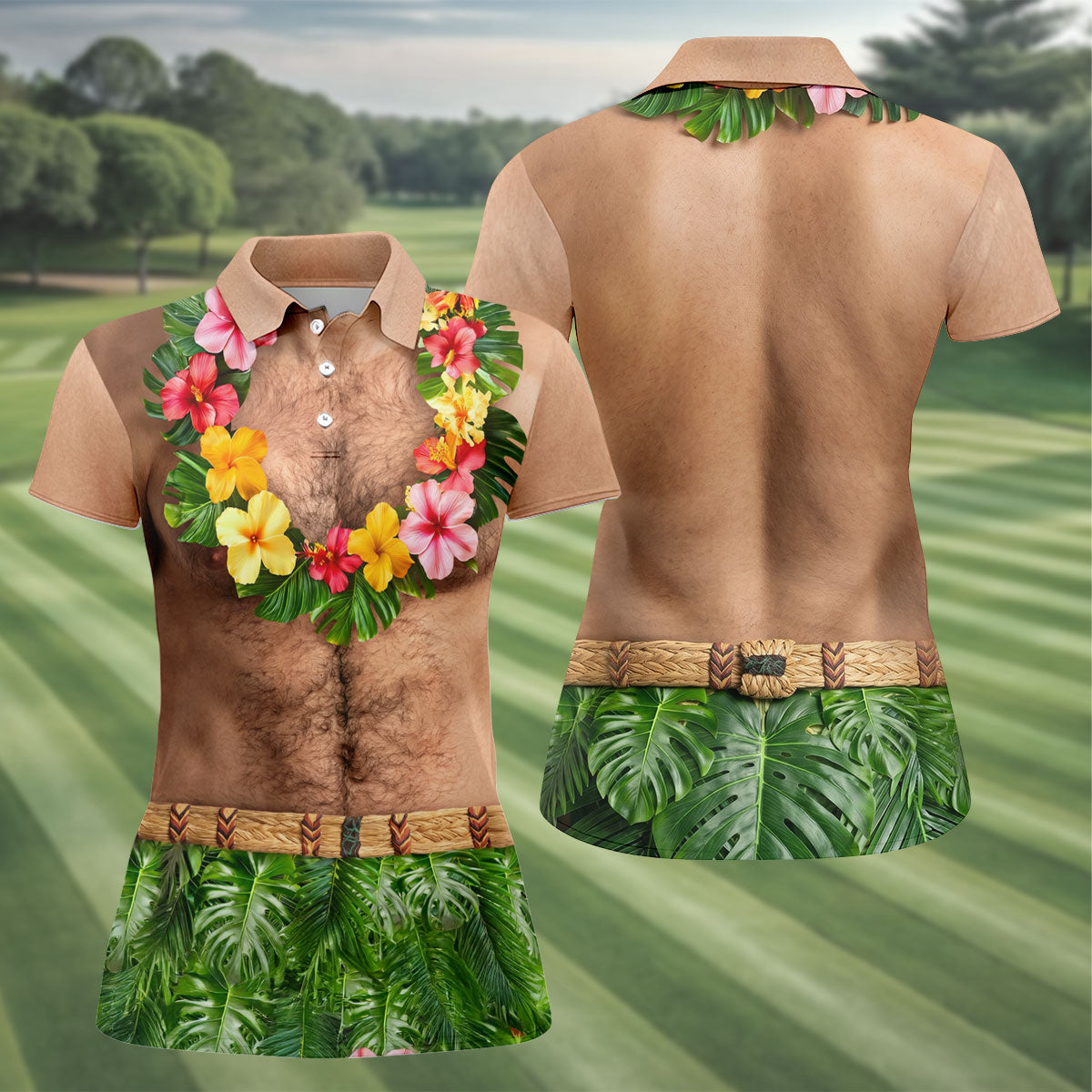 Tropical Theme Party Fun Women's Golf Shirts, Hawaiian Golf Shirt, Ladies Golf Polos