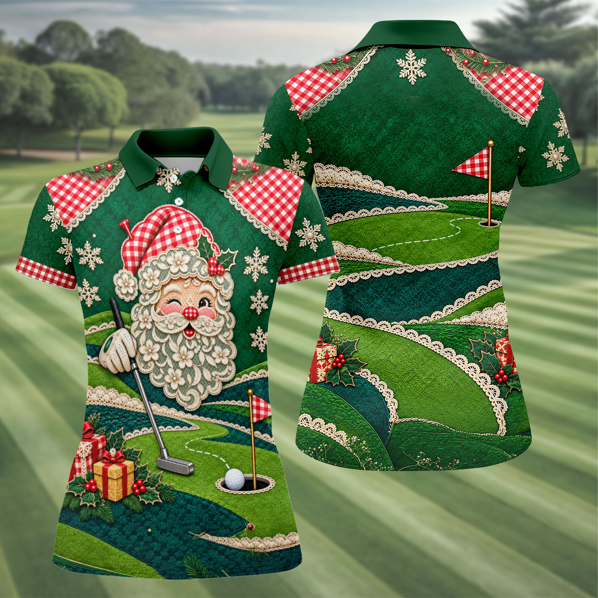 Christmas Winking Santa Polo Shirt, Christmas Golf Shirts, Golf Apparel For Women