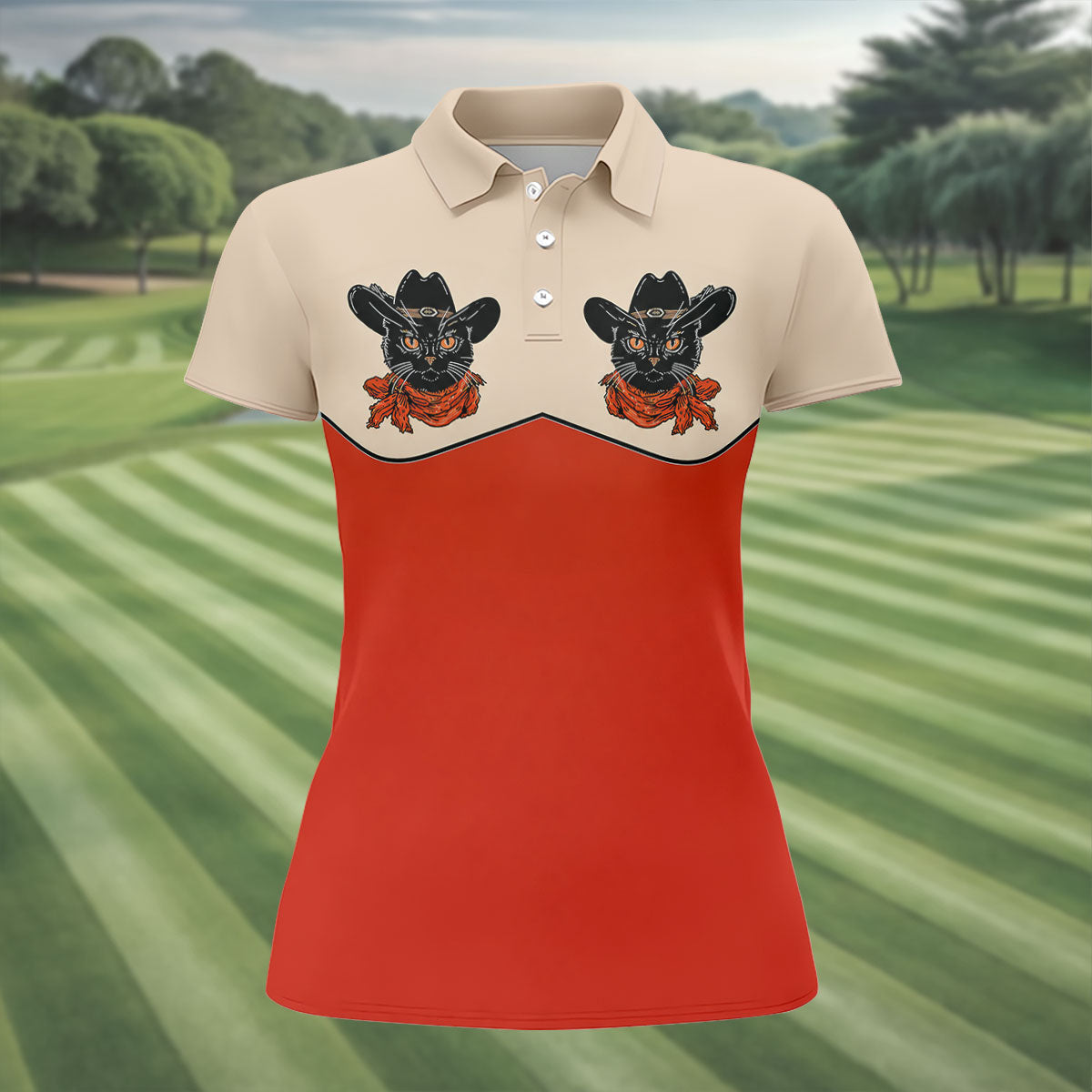Red Western Cowboy Black Cat Golf Polo Shirt, Women's Golf Polo, Ladies Golf Shirts