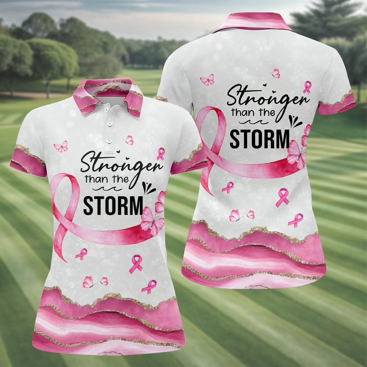 Stronger Than The Storm Breast Cancer Polo Shirt, Golf Tops For Women, Ladies Golf Top