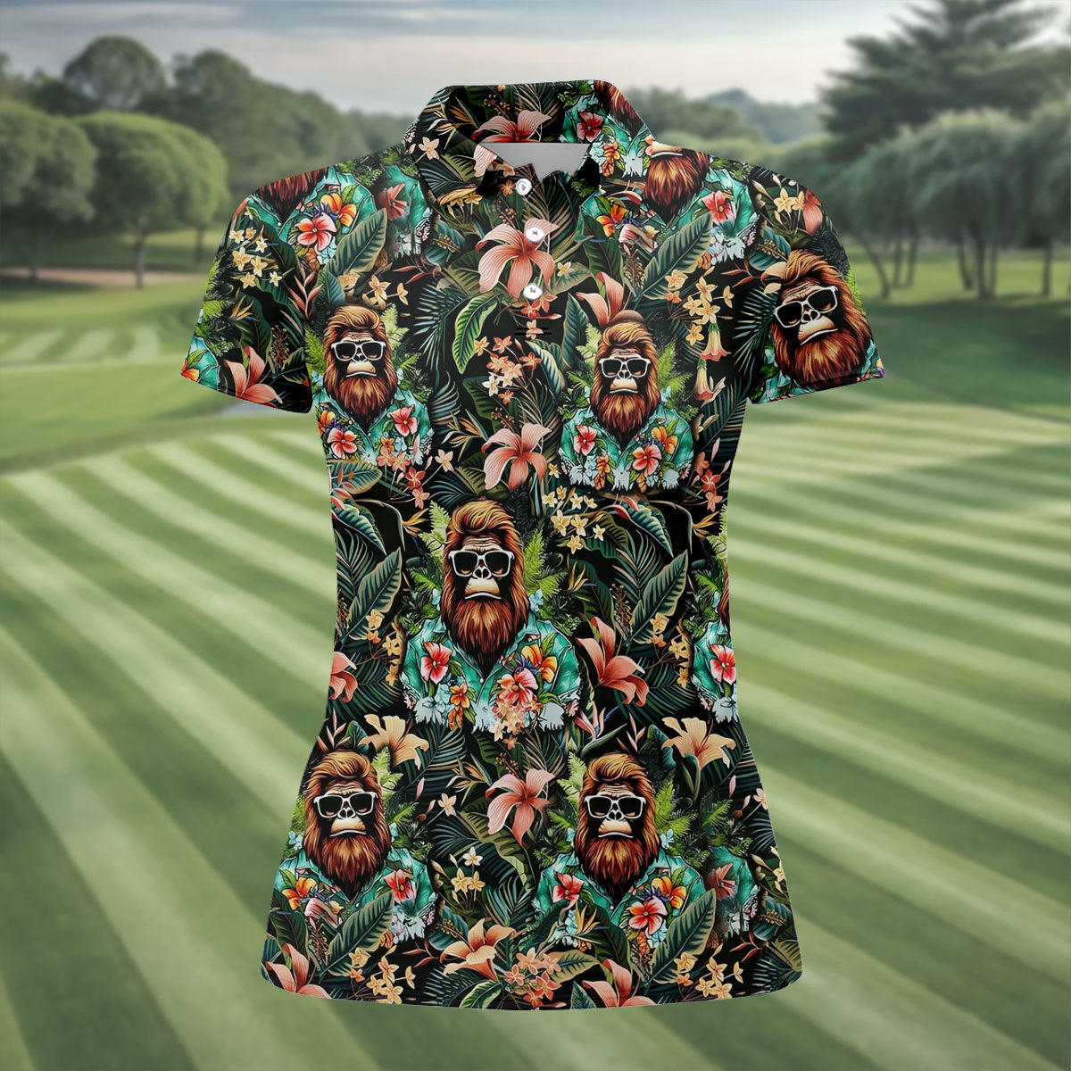 Bigfoot Hawaiian Tropical Golf Shirt, Funny Sasquatch Golf Shirt For Women