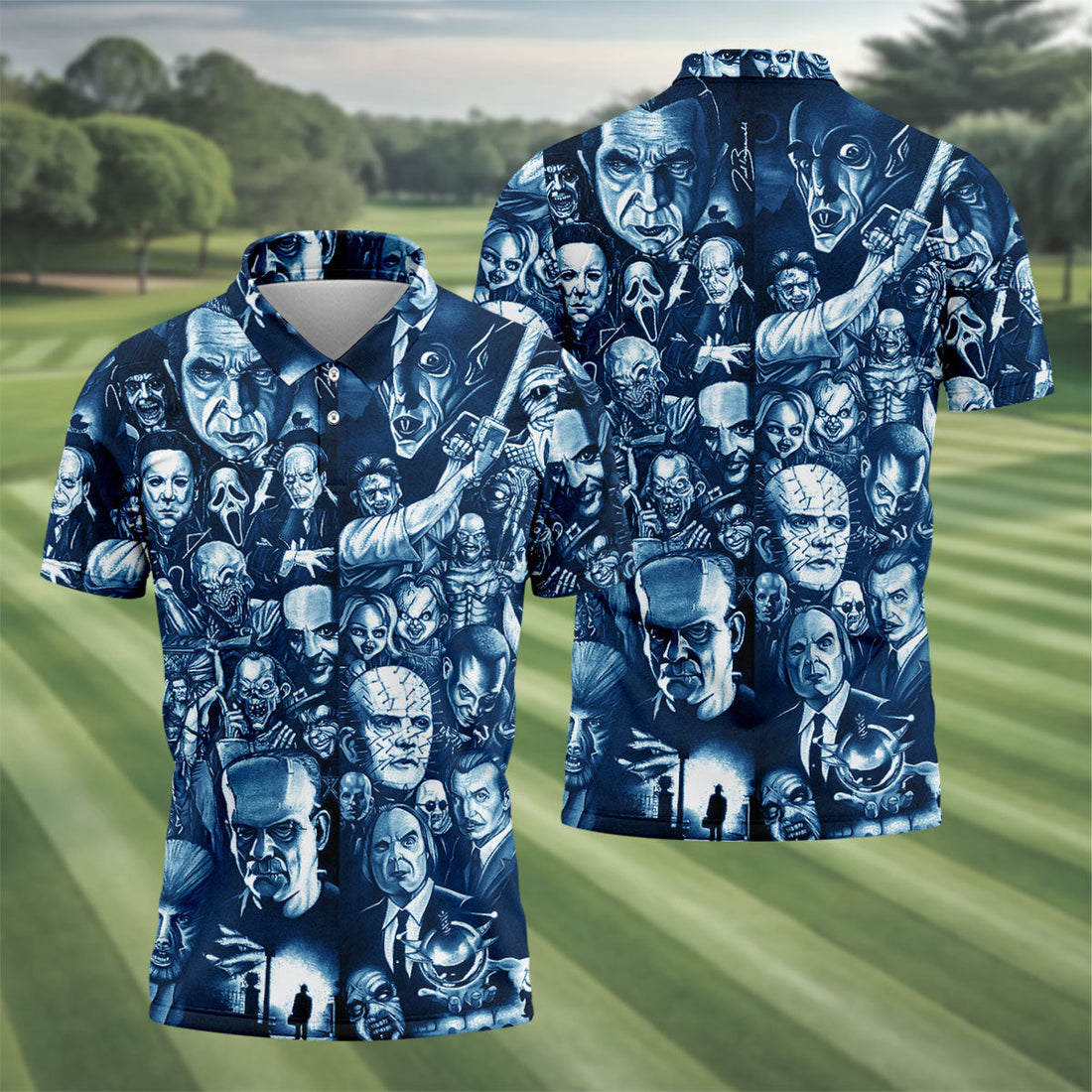 Horror Character Collage Halloween Polo Shirt, Printed Golf Shirts, Golf Apparel For Men