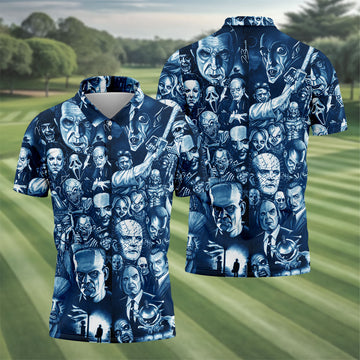 Horror Character Collage Halloween Polo Shirt, Printed Golf Shirts, Golf Apparel For Men
