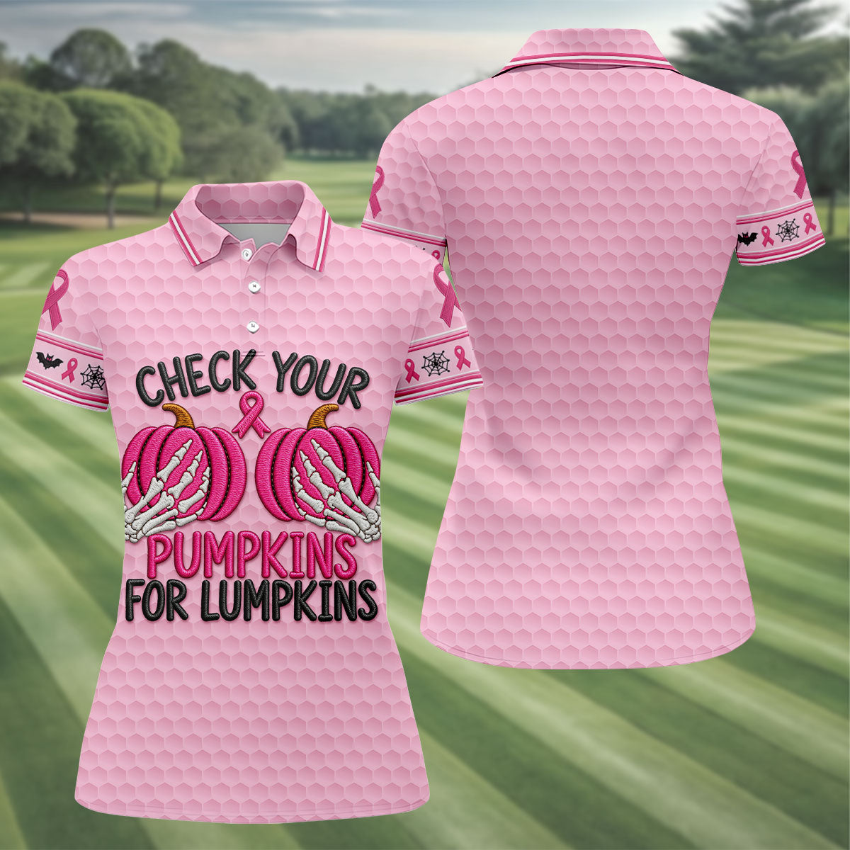 Pumpkins For Lumpkins Breast Cancer Polo Shirt, Golf Shirts For Women, Women's Golf Polo