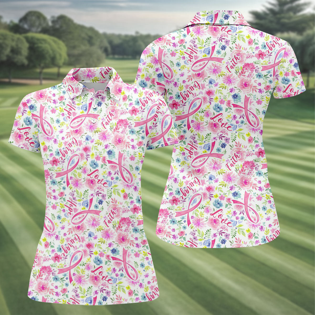 Faith Hope Love Floral Breast Cancer Polo Shirt, Golf Tops For Women, Printed Golf Shirt