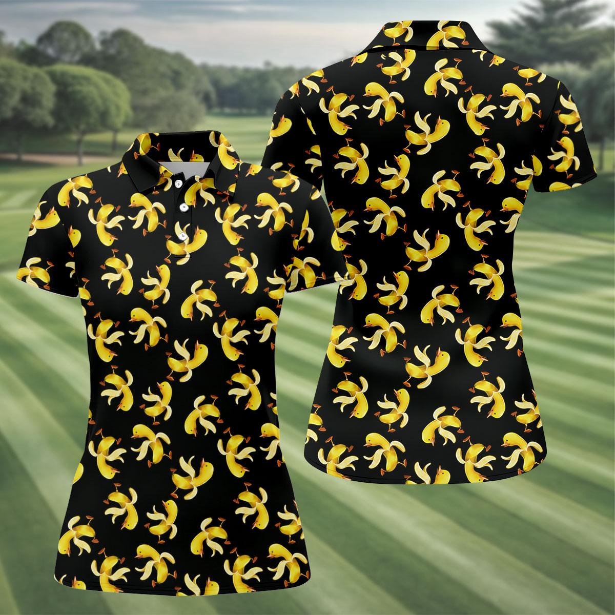 Banana Duck Hawaiian Golf Shirt, Fun Women's Golf Shirts, Ladies Golf Polos