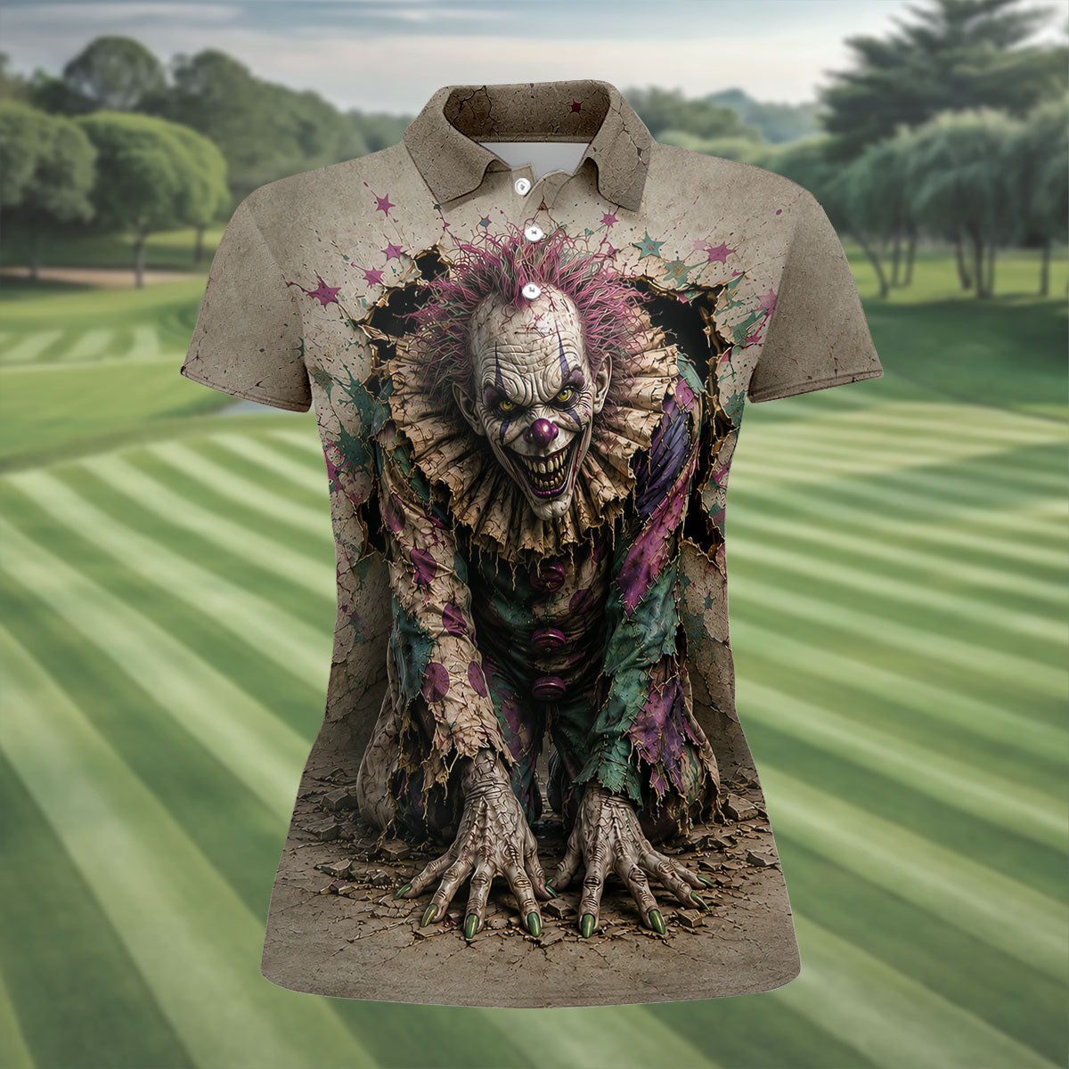Halloween Purple Horror Character Golf Shirt, Women's Golf Apparel, Printed Golf Shirt