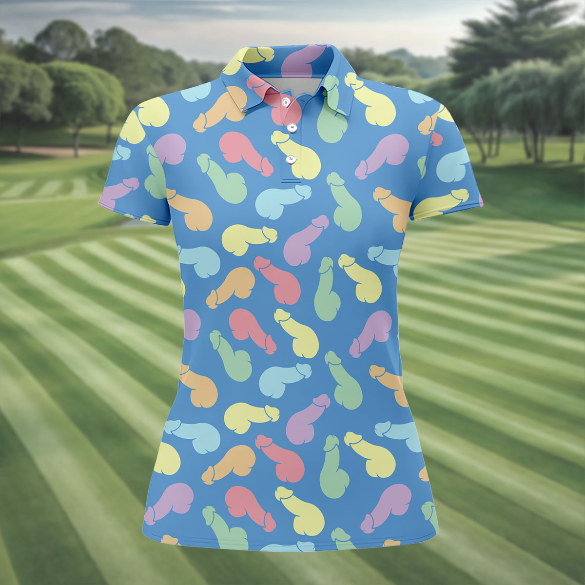 Funny Pastel Adult Pattern Blue Polo Shirt, Womens Golf Polo, Golf Shirts For Women