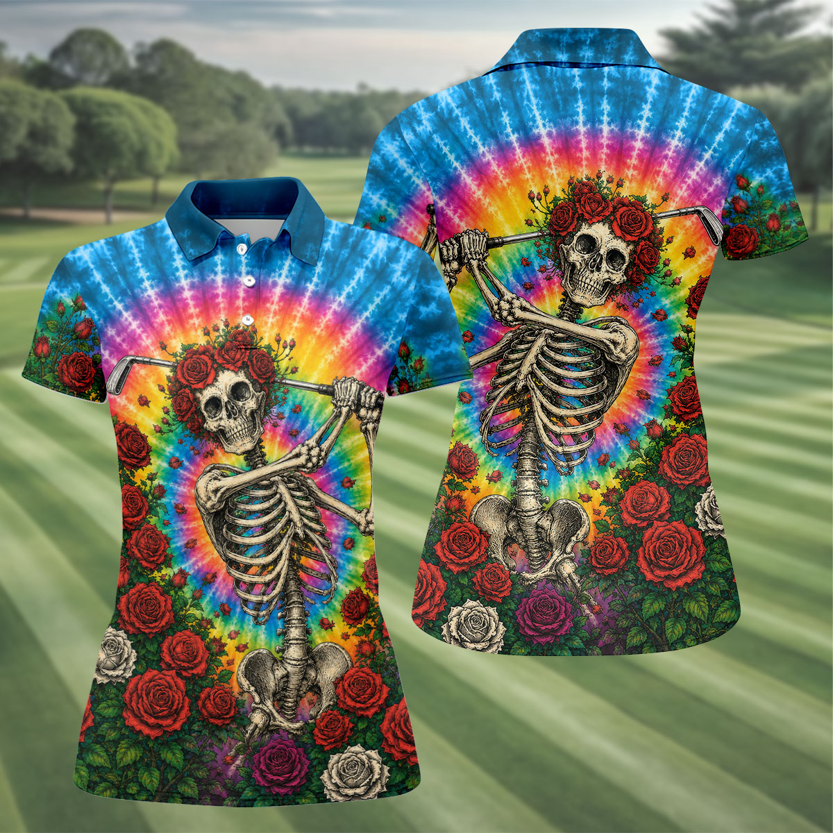 Rose Tie Dye Skeleton Golfer Halloween Polo Shirt, Womens Golf Tops, Printed Golf Shirt