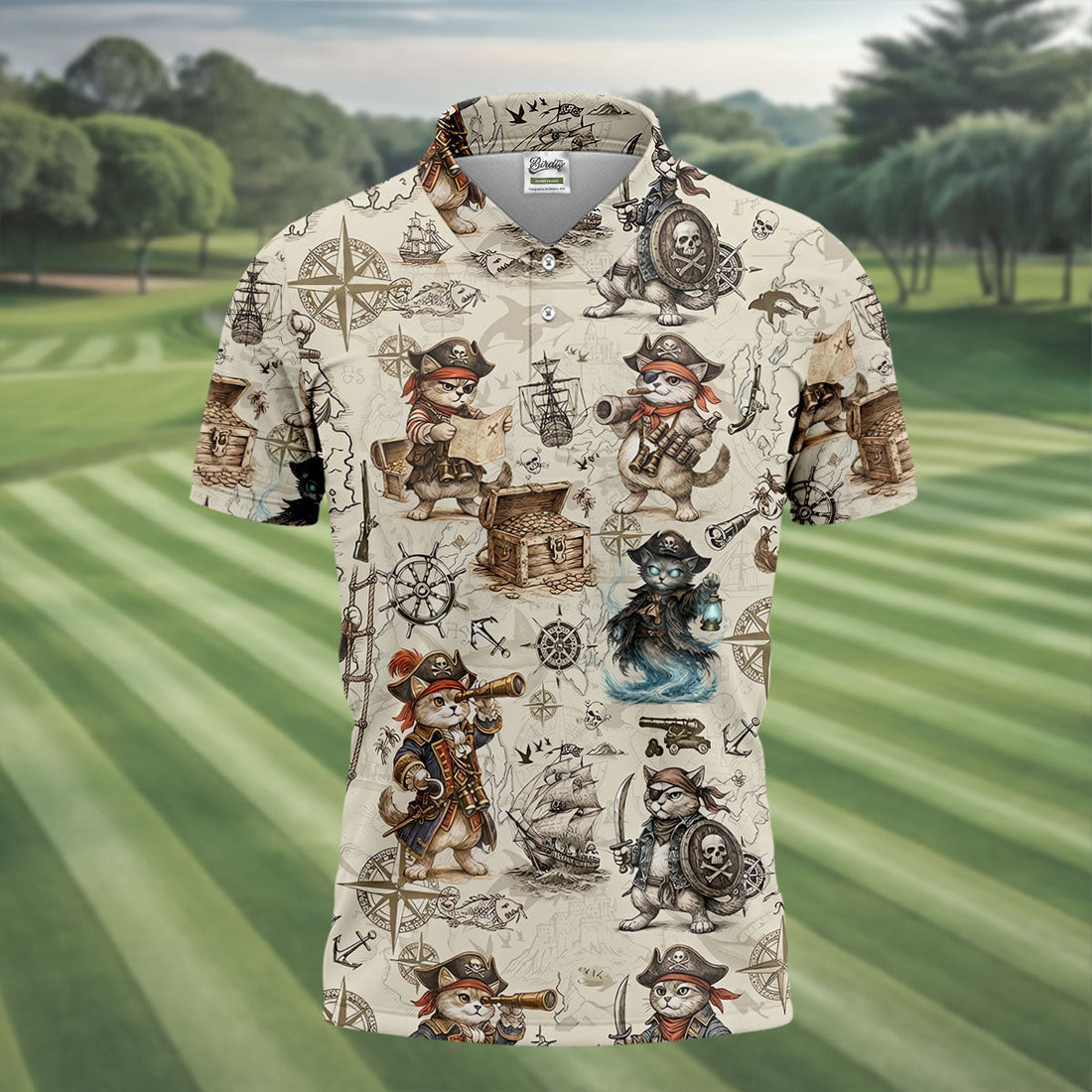 Vintage Pirate Cat Treasure Map Adventure Golf Shirt, Mens Polo Shirt, Hawaiian Golf Shirt, Golf Shirts For Men