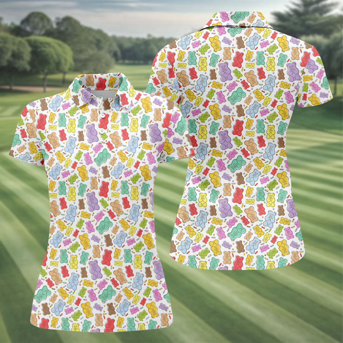 Gummy Bear Golf Shirt, Colorful Candy Pattern Men's Golf Polo, Polo Shirts For Women