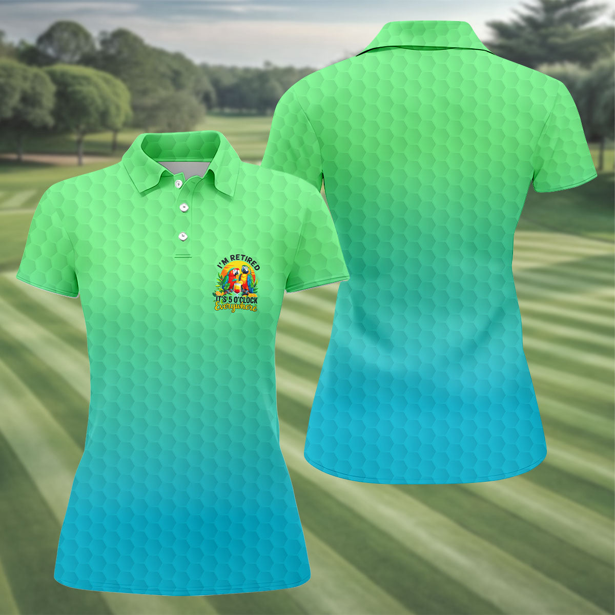 Tropical Retired Parrot Cocktail Golf Polo Shirt, Ladies Golf Shirts, Women's Golf Apparel