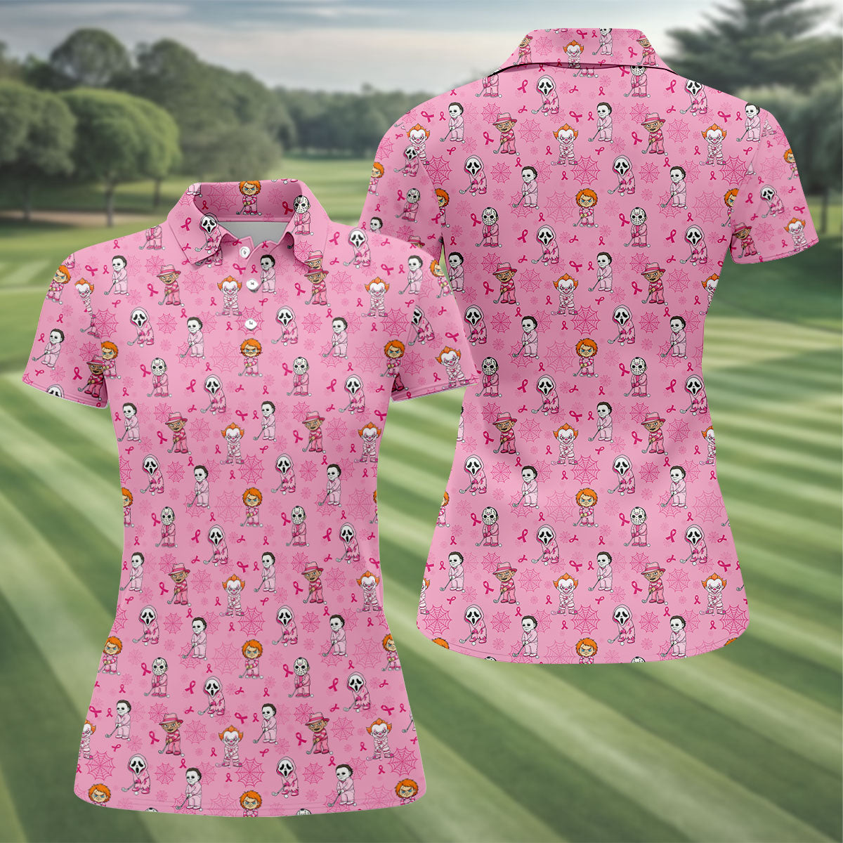 Pink Halloween Horror Breast Cancer Polo Shirt, Women's Golf Polo, Golf Tops For Women