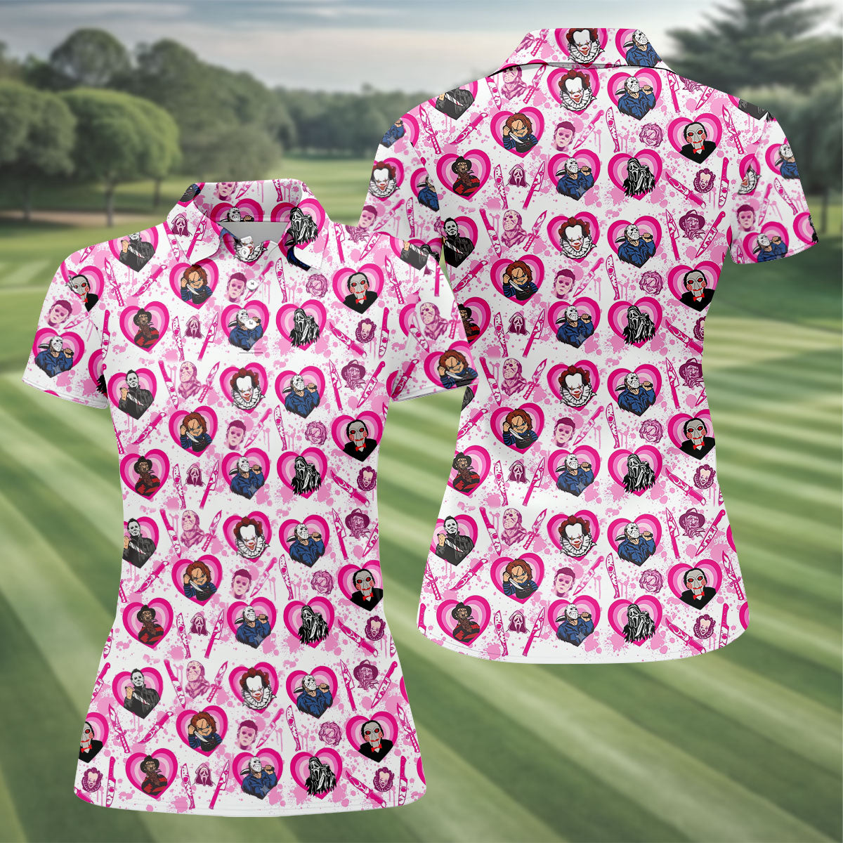 Pink Horror Character Pattern Golf Polo Shirt for Women Halloween Golf Apparel Ladies Golf Shirts
