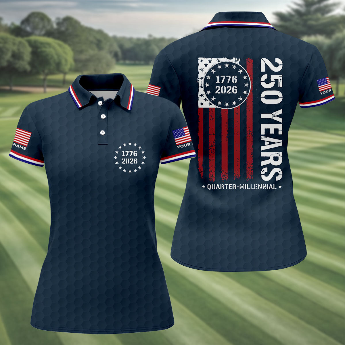 250 Years Quarter Millennnial Golf Ball Pattern Navy Patriotic Golf Shirt, 4th Of July Golf Shirt For Women