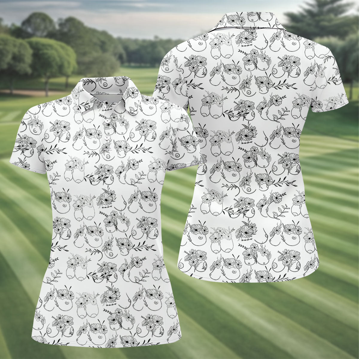 Floral Boobs Line Art Golf Polo Shirt, Women's Golf Shirts, Golf Apparel For Women
