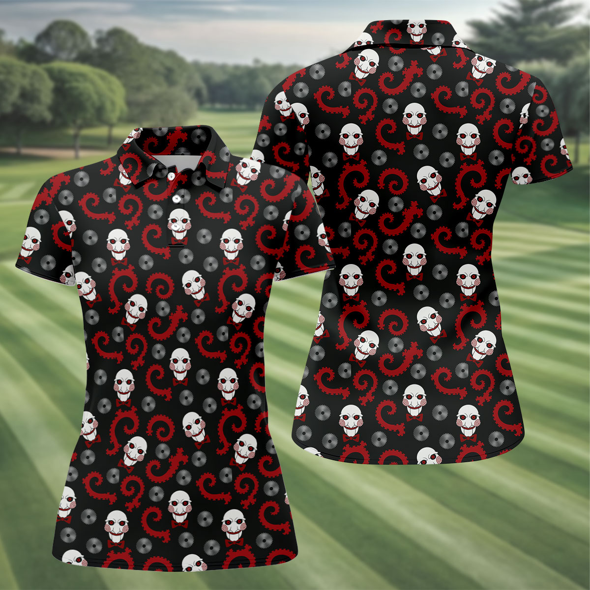 Creepy Puppet Spiral Halloween Golf Polo Shirt, Horror Movie Shirt, Golf Shirts For Women