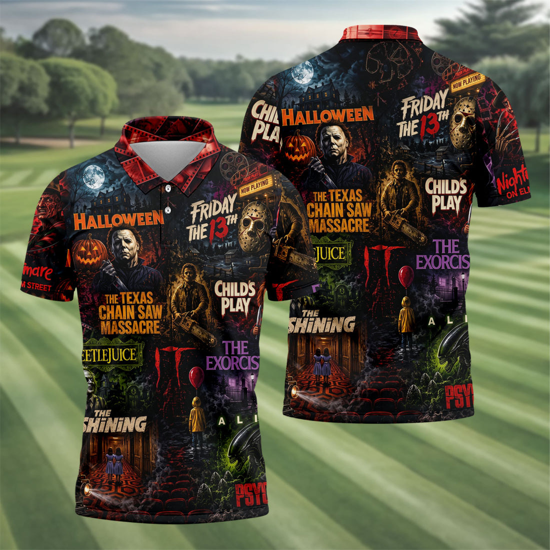 Classic Horror Character Movie Poster Collage Golf Polo Shirt, Mens Golf Polo, Printed Golf Shirts
