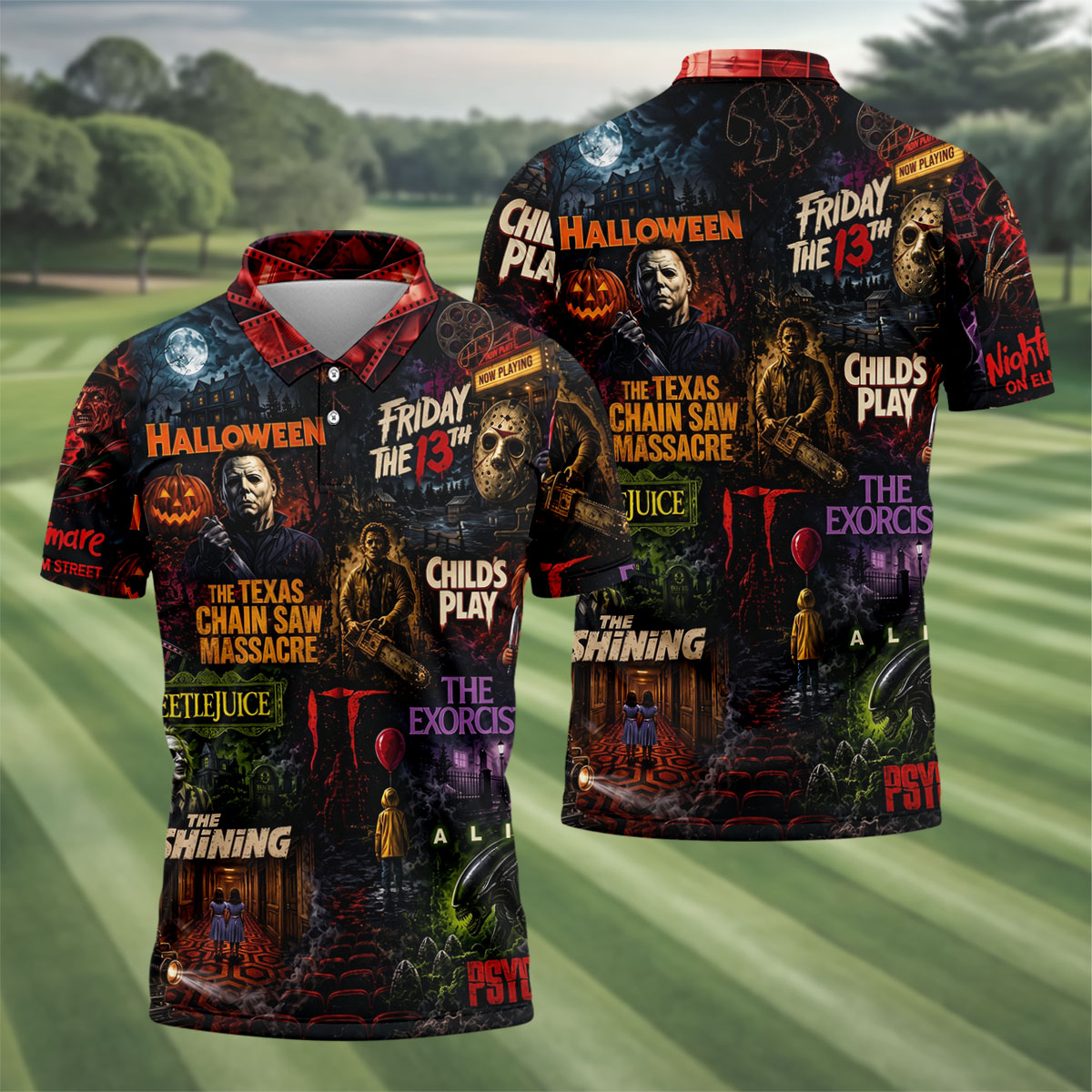 Classic Horror Character Movie Poster Collage Golf Polo Shirt, Mens Golf Polo, Printed Golf Shirts
