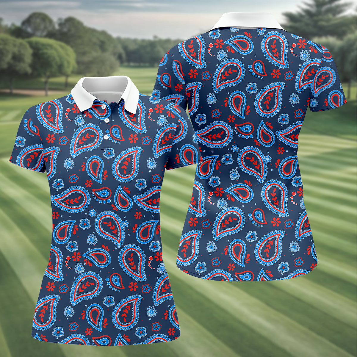 Blue Red Paisley Pattern Golf Polo Shirt, Women's Golf Polo, Golf Shirts For Women