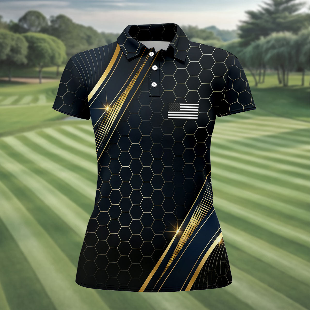 Gold Hexagonal US Flag Logo Retro Golf Shirt, 250 Years Patriotic 4th Of July Golf Shirt For Women
